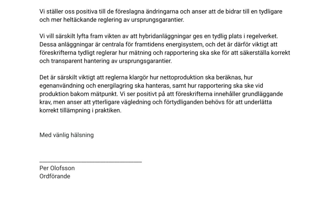 Remissvar av föreskrifter om ursprungsgarantier för energi